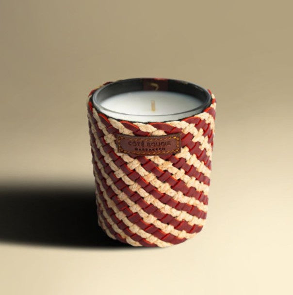 Raphia and Leather Rose candle in jar dressed in handwoven raffia and leather, rose oudh scent