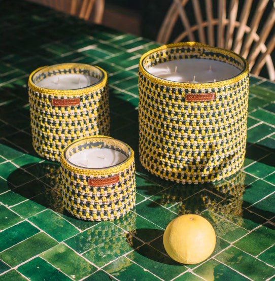 Raphia Talia Night Jasmine candle in natural, charcoal and yellow raffia, jasmine and ylang scent