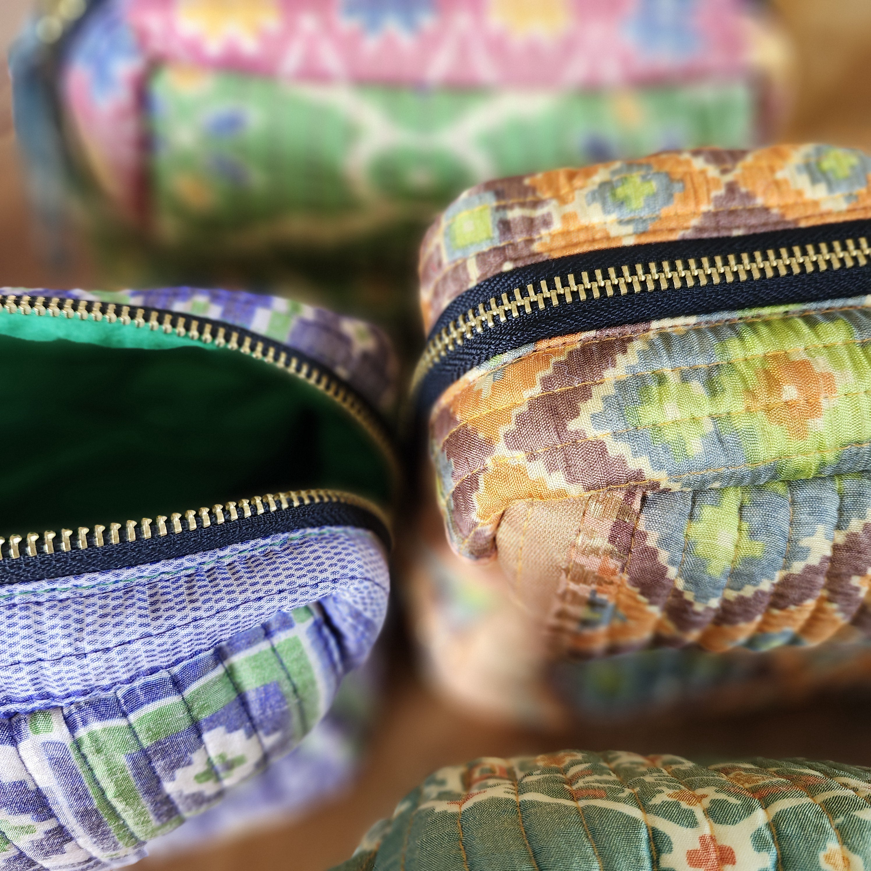 Vintage silk sari cosmetic bag, hand-quilted, styled