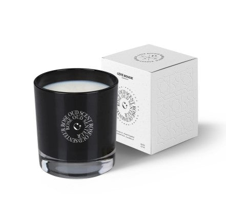 Scents of Morocco Rose Oud candle in black lacquered glass, rose and woody oud soy wax