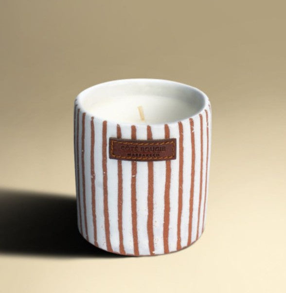 Zebra Terracotta Cumin candle in white ceramic jar with terracotta stripes, cumin scent