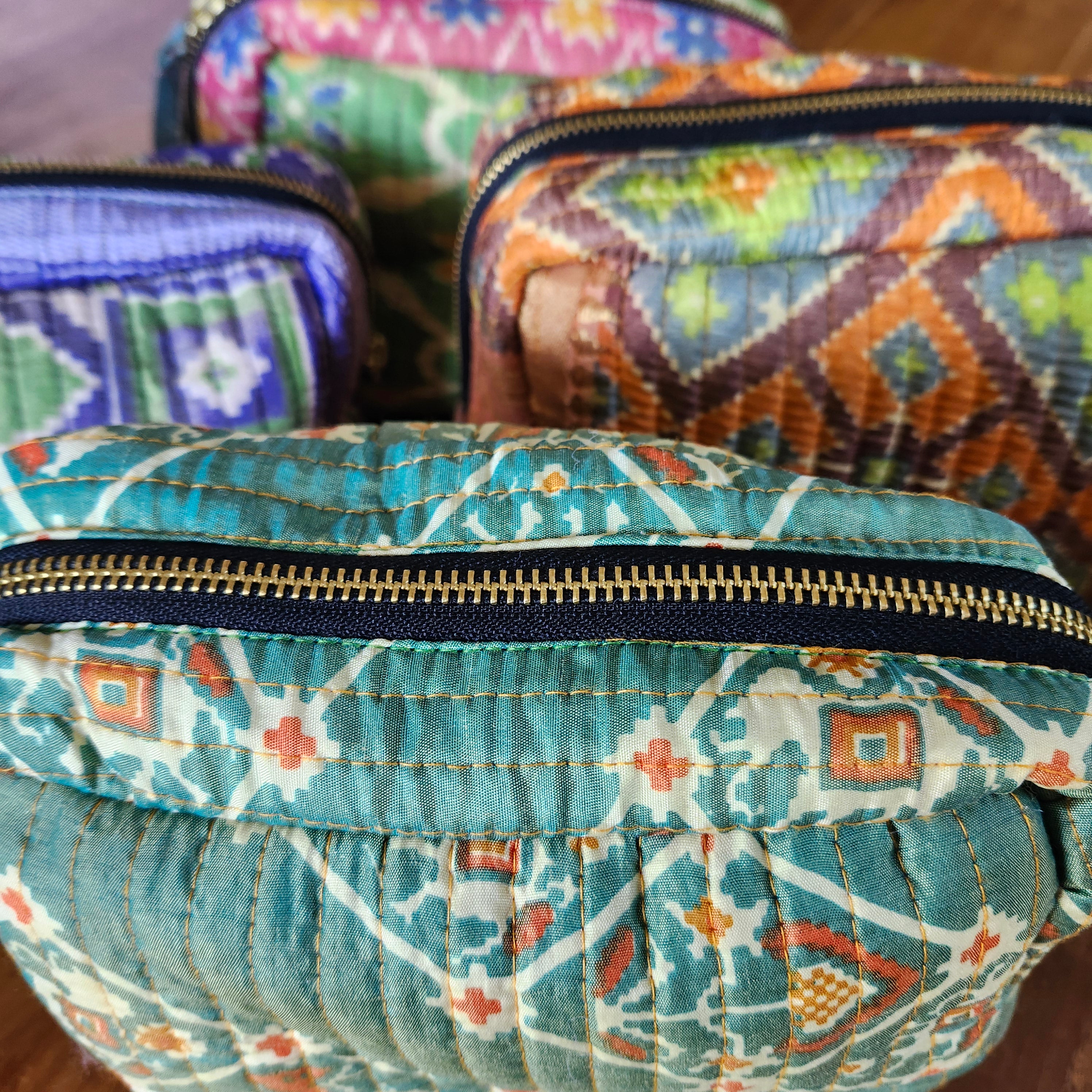 Cosmetic bag made from upcycled vintage silk sari, quilted, 20 x 15 x 8cm