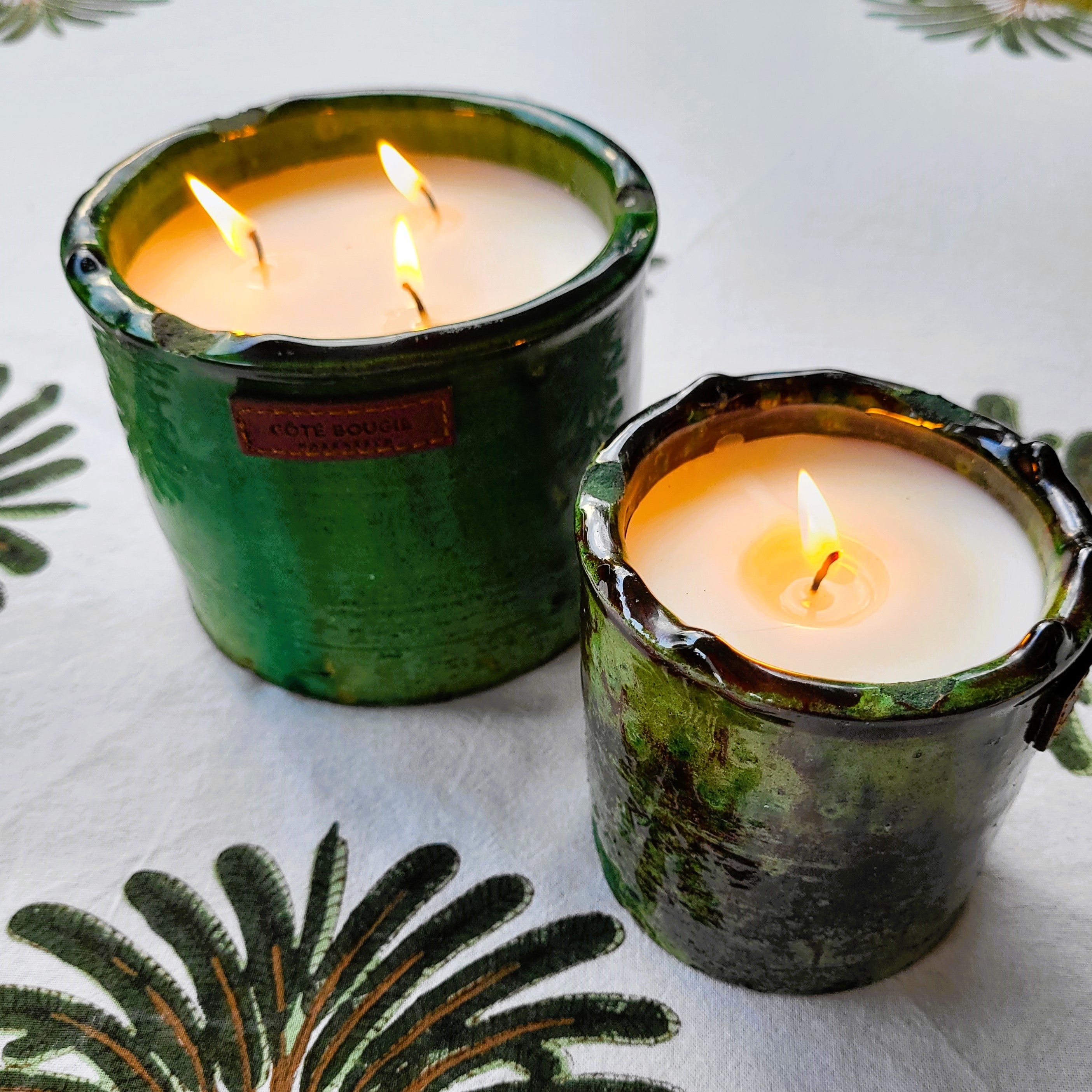 Tamegroute Mint and Tea candle, handcrafted green pottery, styled view