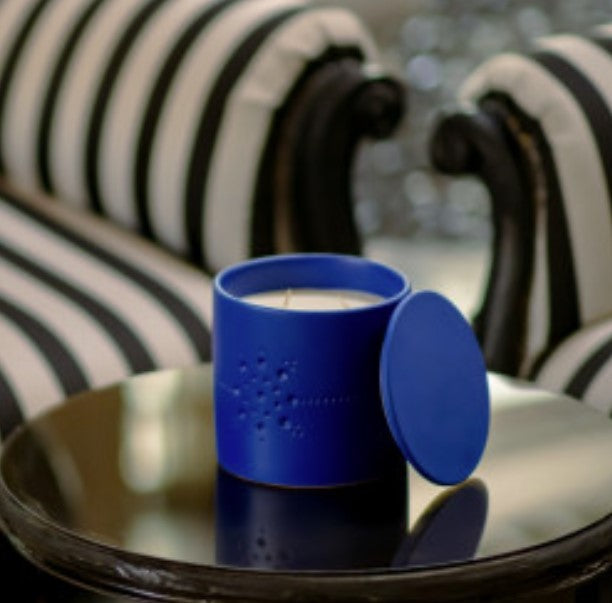 Izza Blue Mandarin candle, blue patterned ceramic, styled view