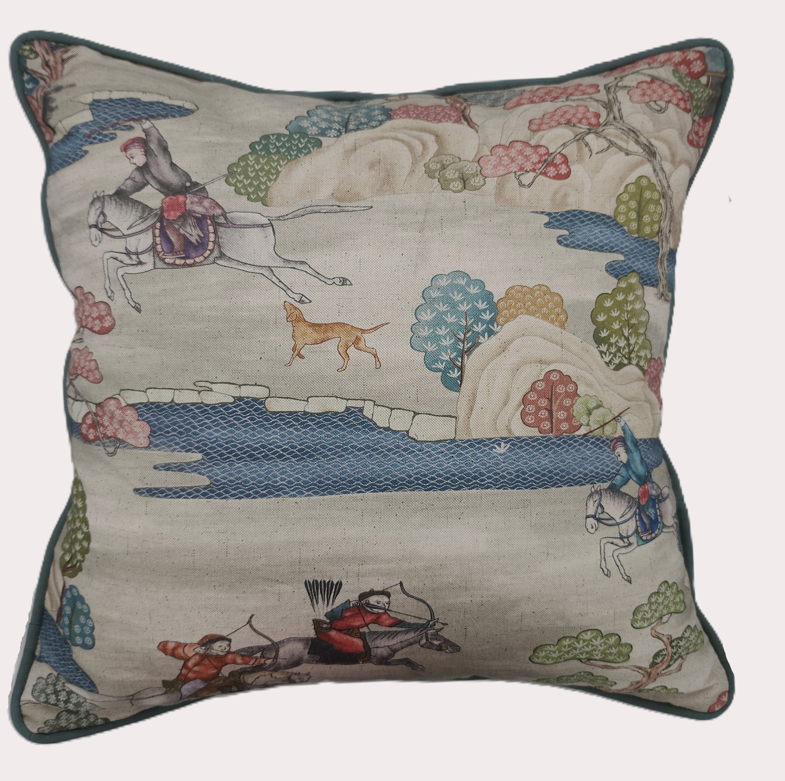Mongolia cushion cover depicting horse-mounted hunters, square