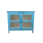 Vintage teak low cabinet painted turquoise with glass doors, white inside, 77 x 97cm