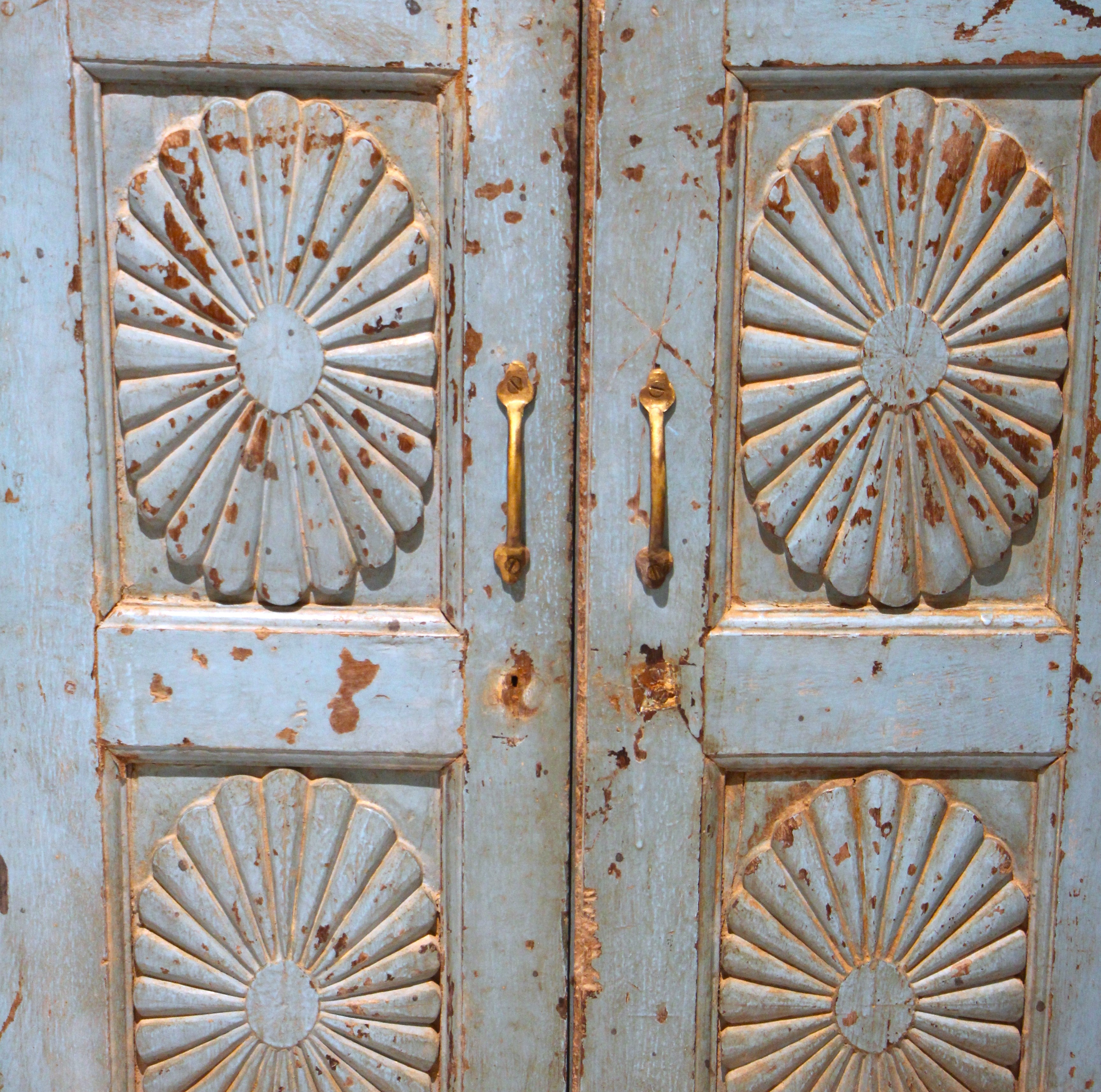 Vintage teak cabinet painted turquoise over creamy white, carved doors, 90 x 75cm
