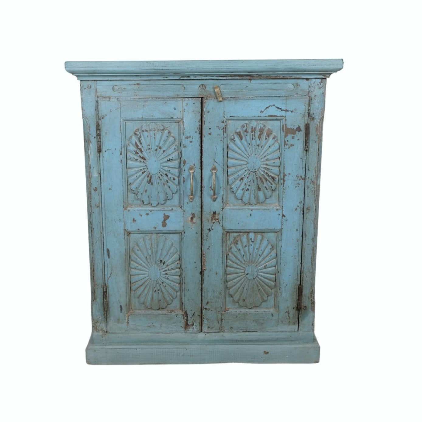 Turquoise painted teak cabinet, worn patina, styled