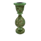 Green hand-painted candle stick with gold and dark green floral design, India