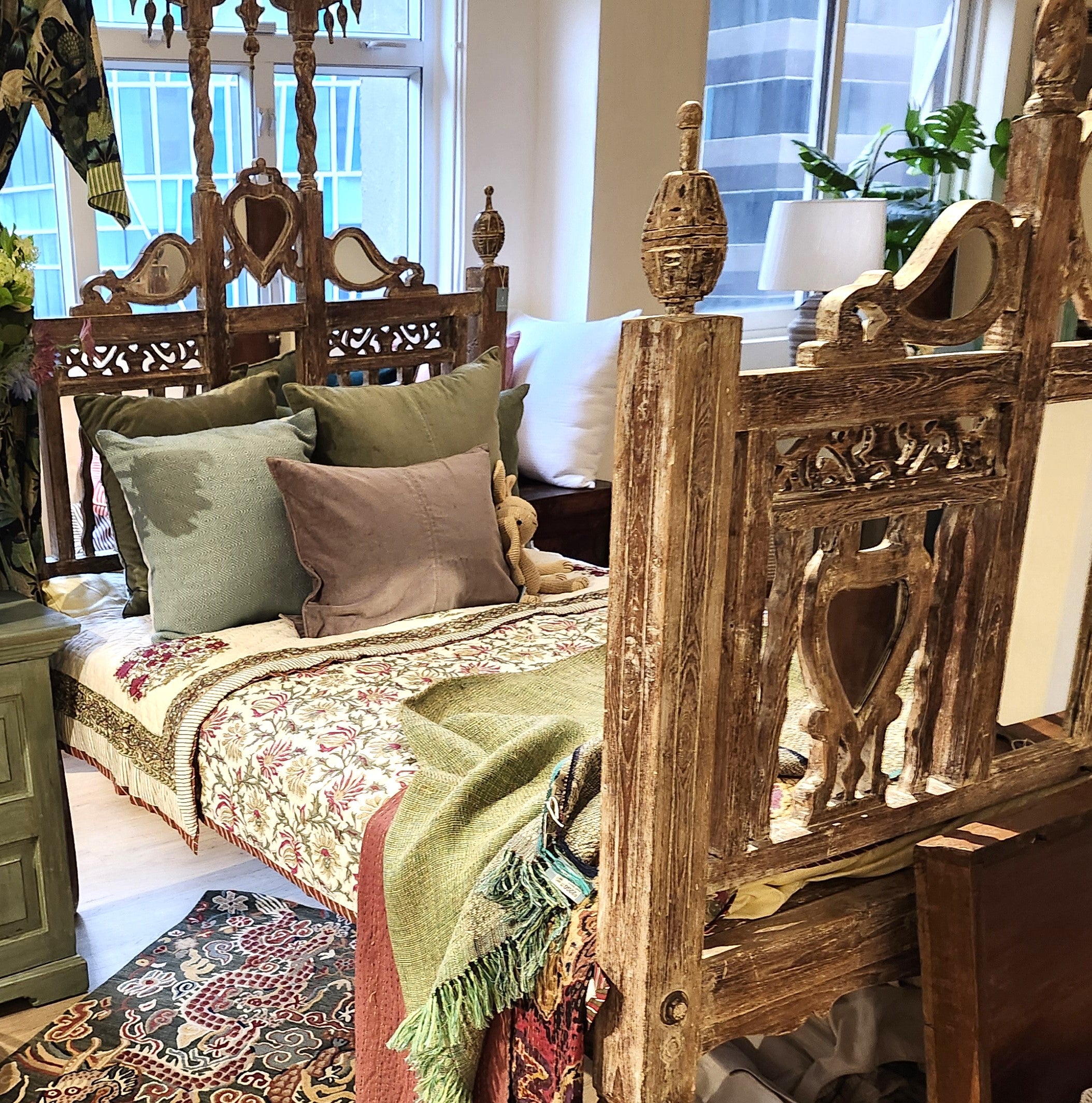 Canopy single bed in teak with mirror inlay and a white wash finish