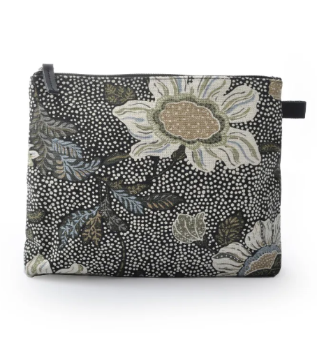 Black Flower Linen cosmetic bag, medium