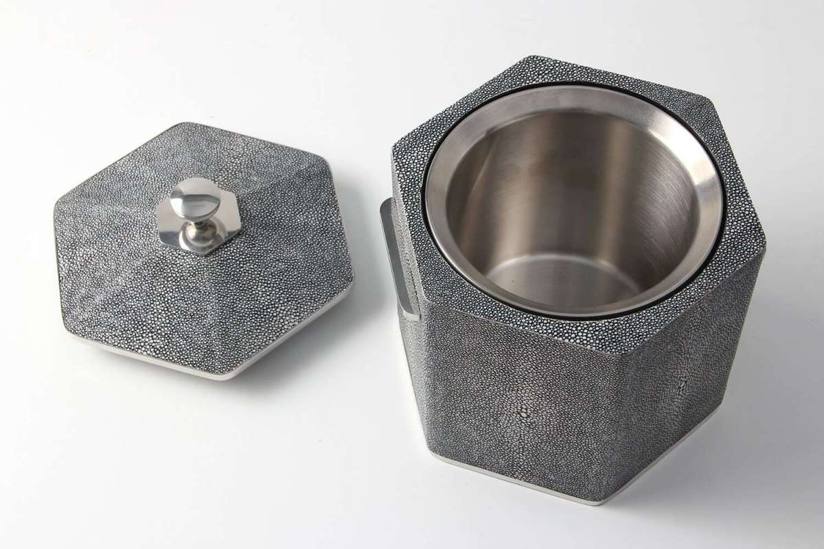 Charcoal faux shagreen Otis ice bucket by Forwood Design, styled with bar accessories