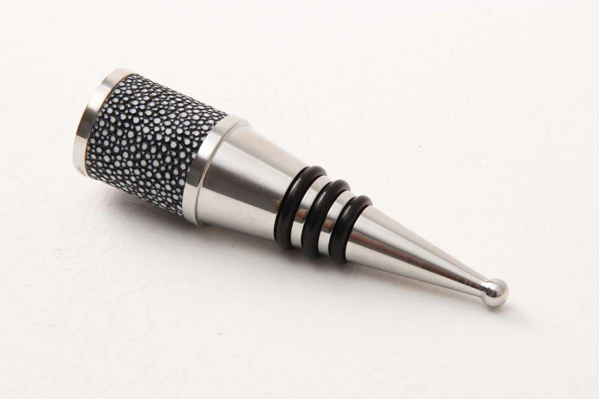 Charcoal faux shagreen bottle stopper, 3 x 3 x 10 cm, styled in a wine bottle