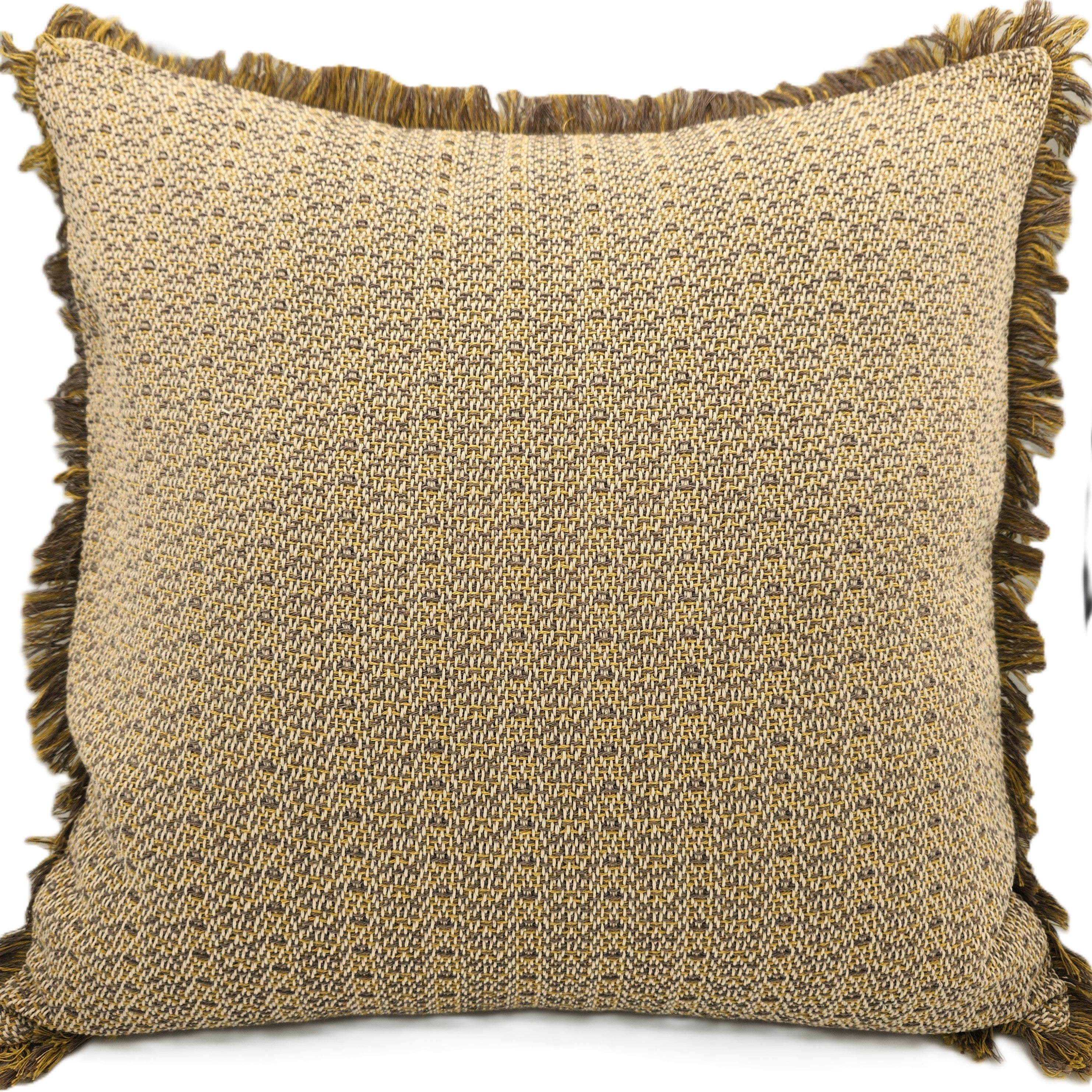 Recycled cotton cushion with a fringe in grey, yellow and white