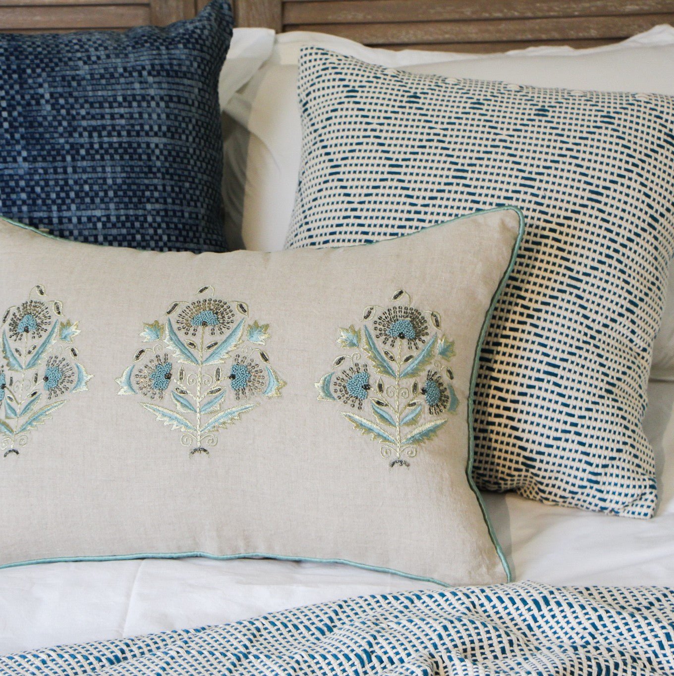 Blue Portuguese Sidewalk Cushion and Throw with 2 other cushions