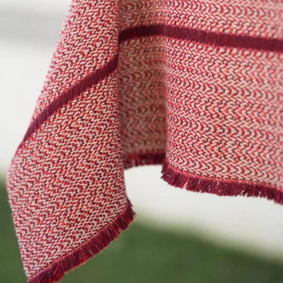 Recycled cotton tablecloth in red, blended weave with fringe, 100% recycled cotton