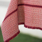 Recycled cotton tablecloth in red, blended weave with fringe, 100% recycled cotton