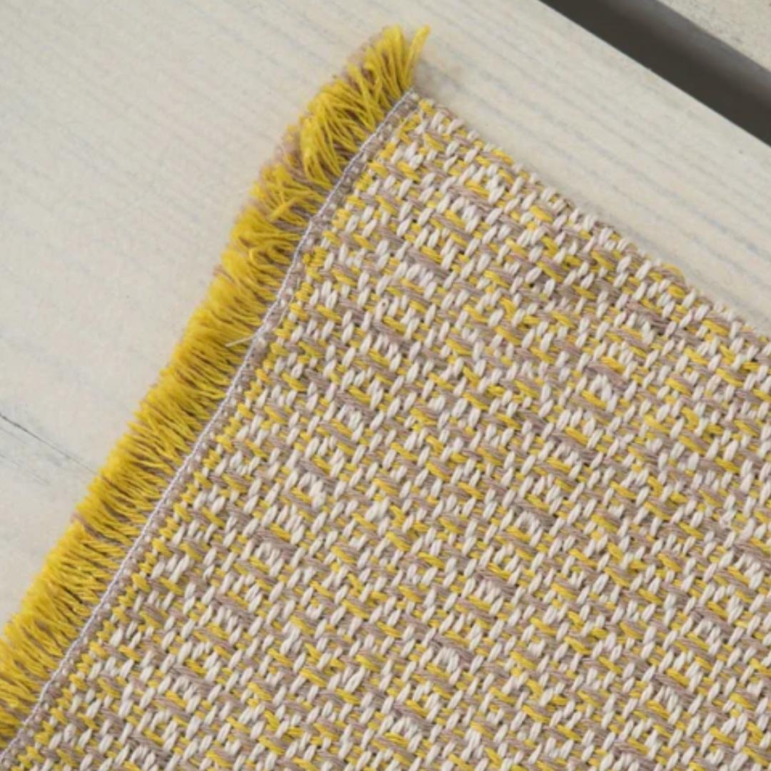 Recycled cotton tablecloth in sand, blended weave with fringe