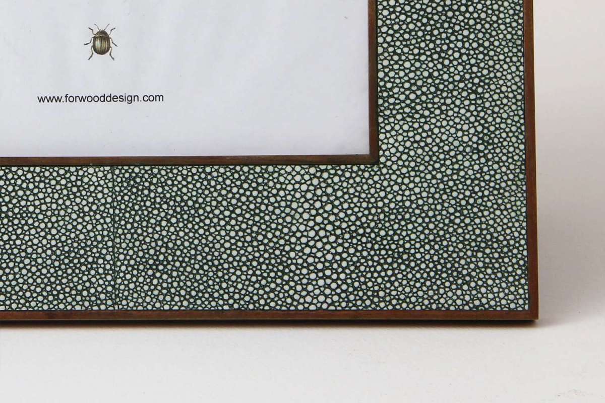 Lincoln green faux shagreen photo frame by Forwood Design, styled in a home setting