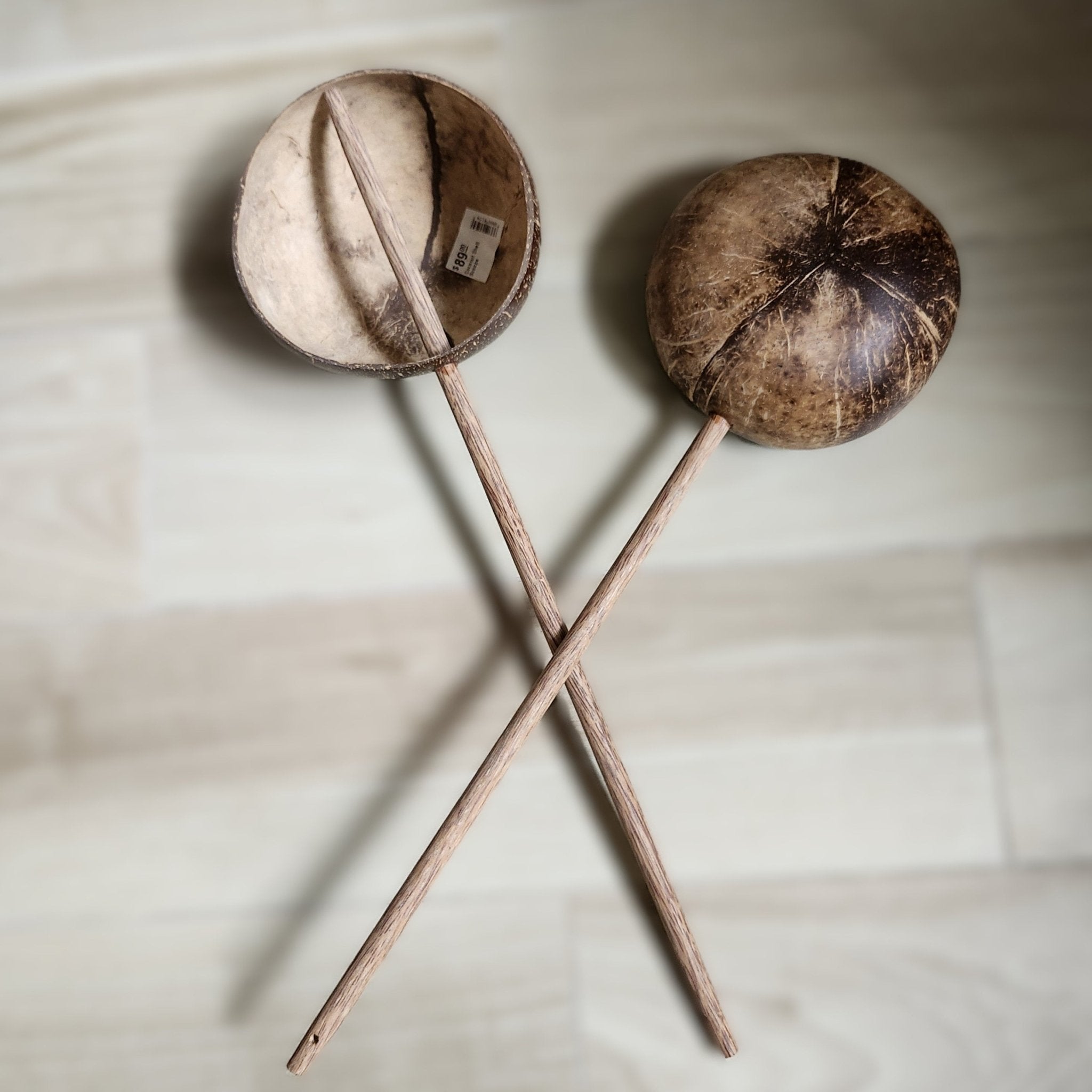 Coconut shell scoop with a long handle, 47 cm, for kitchen or bathroom use