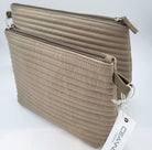 Soft quilted stripe cosmetic bag in taupe with a leather trim