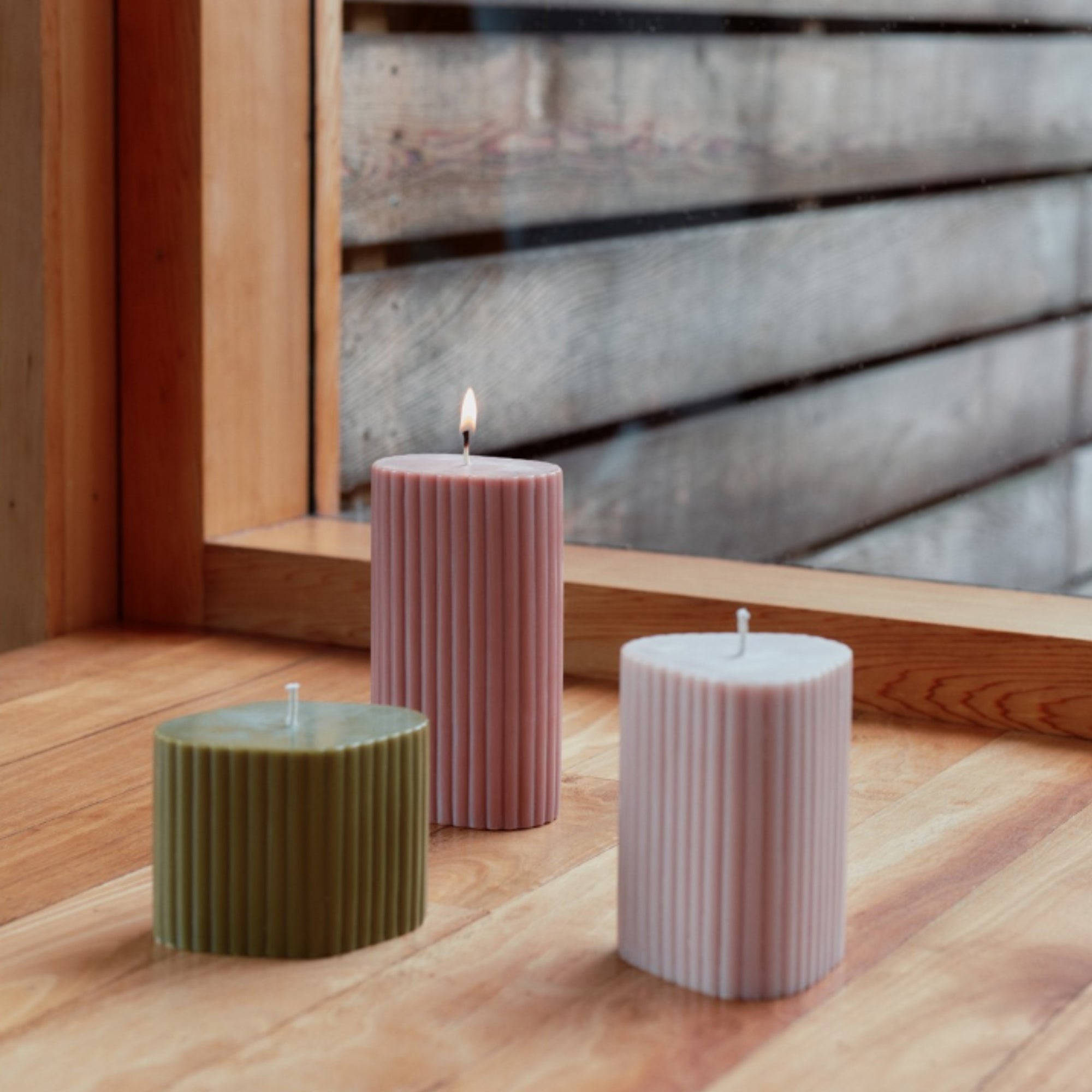 Costa ribbed pillar candles grouped, hand-poured wax, styled display