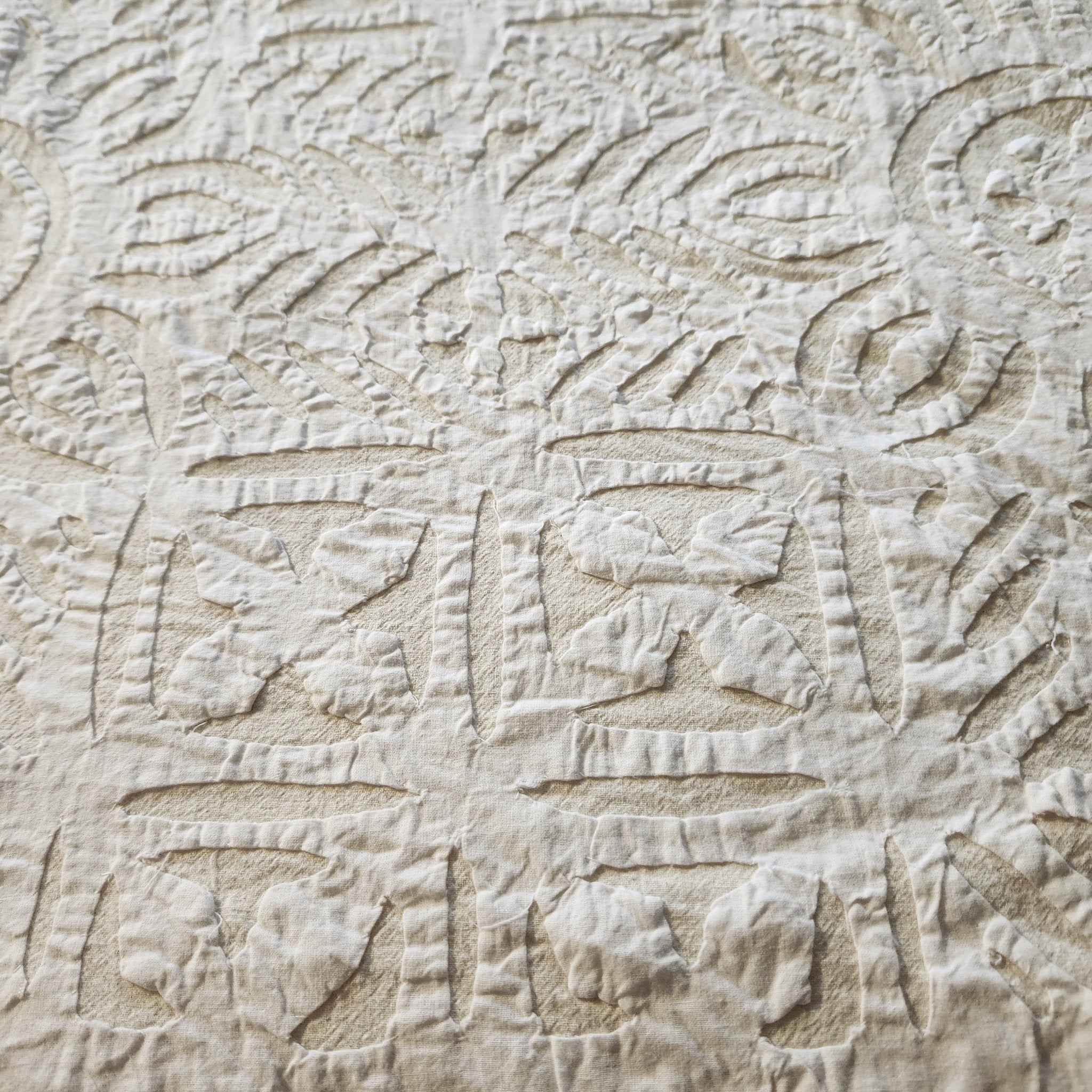 White cotton bedspread with applique cutwork, handmade in Jaipur