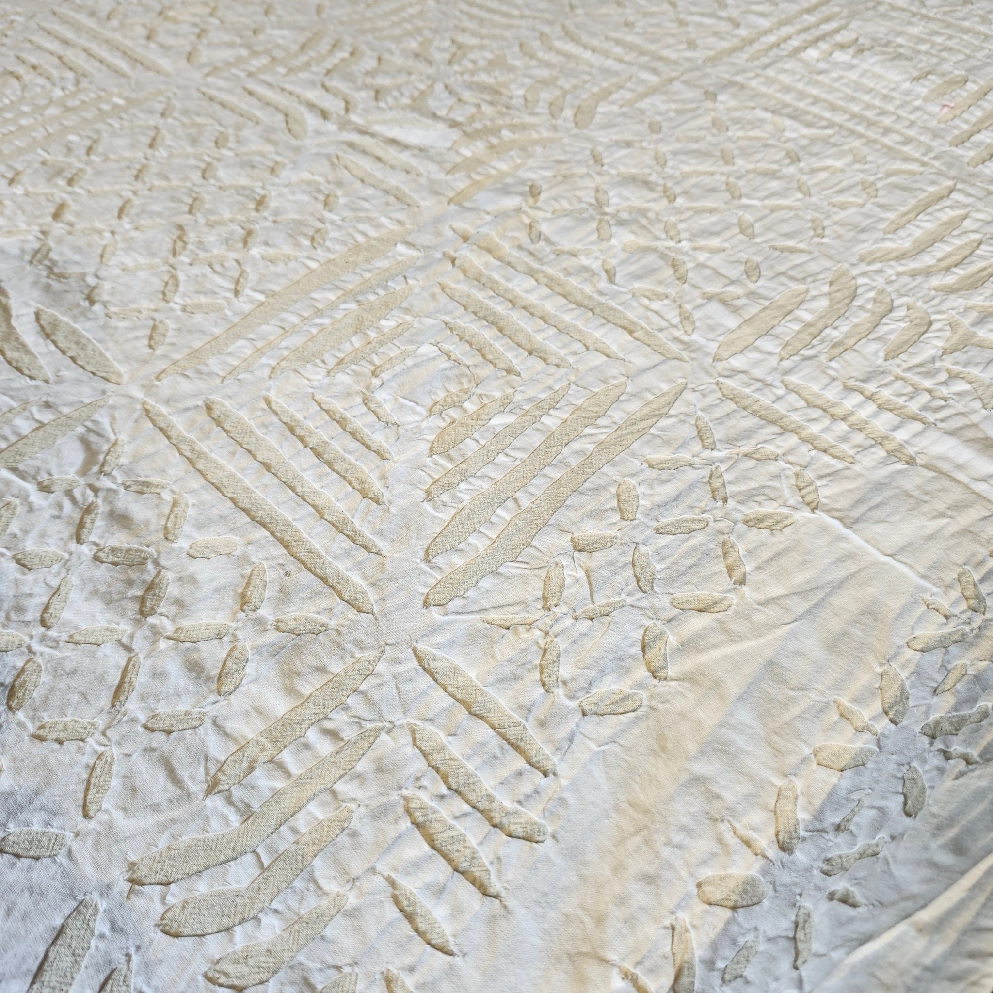 White cotton cutwork bedspread, handmade, full view