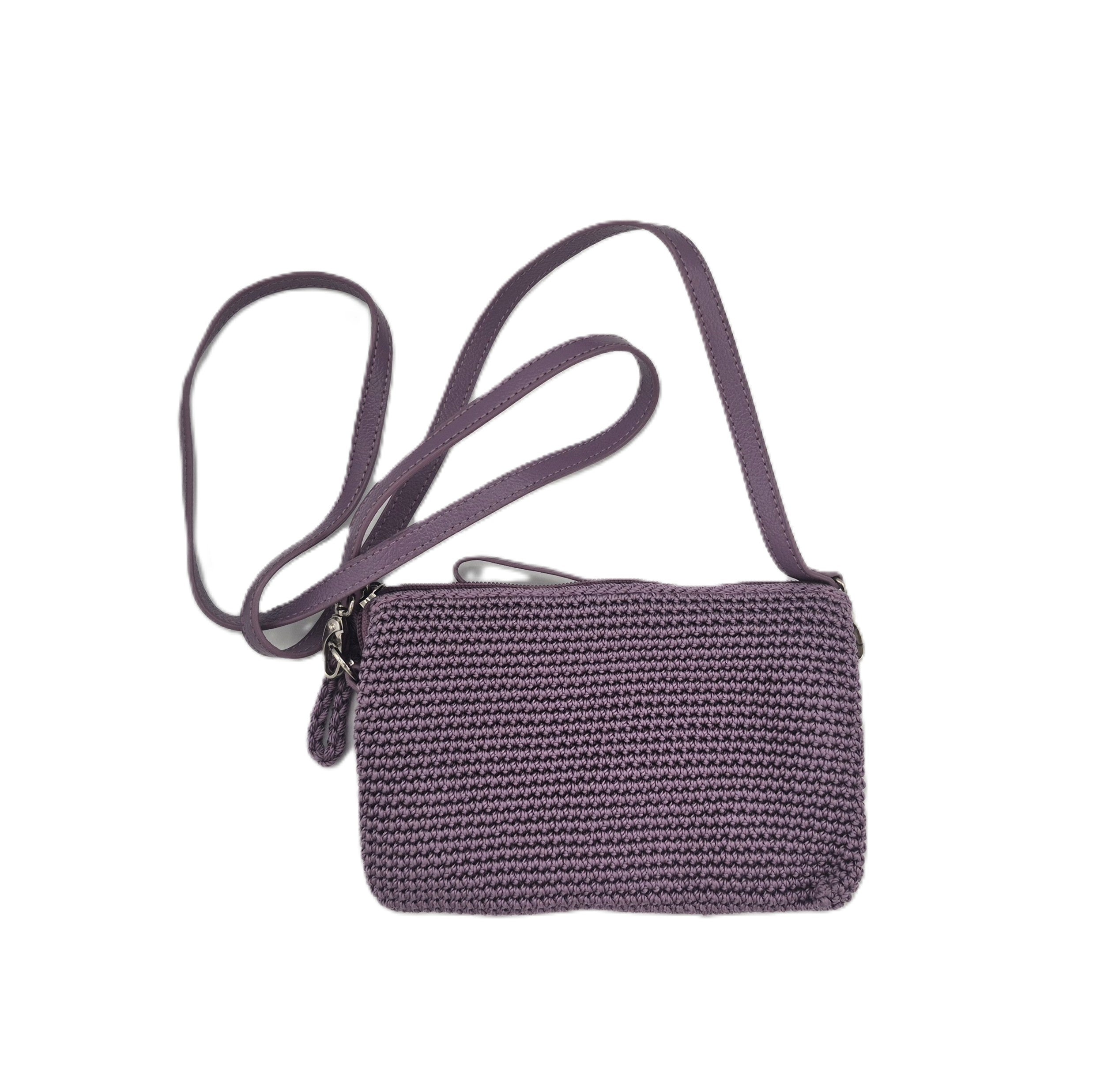Crochet two-pocket bag in lilac with a leather strap