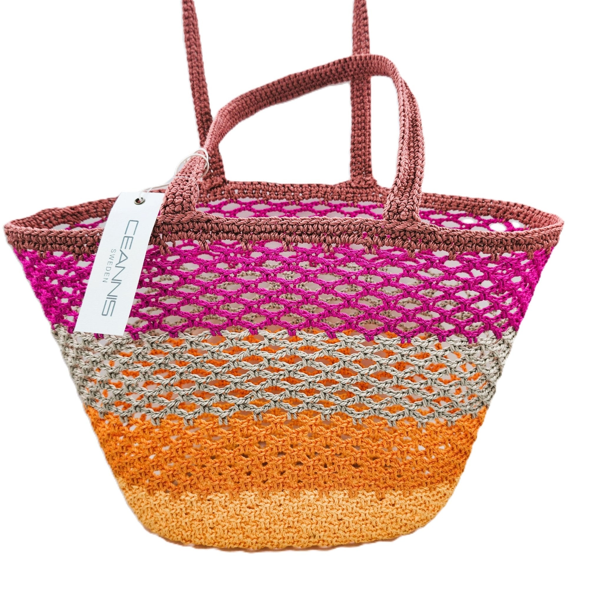Crochet basket with pink and orange stripes, Ceannis