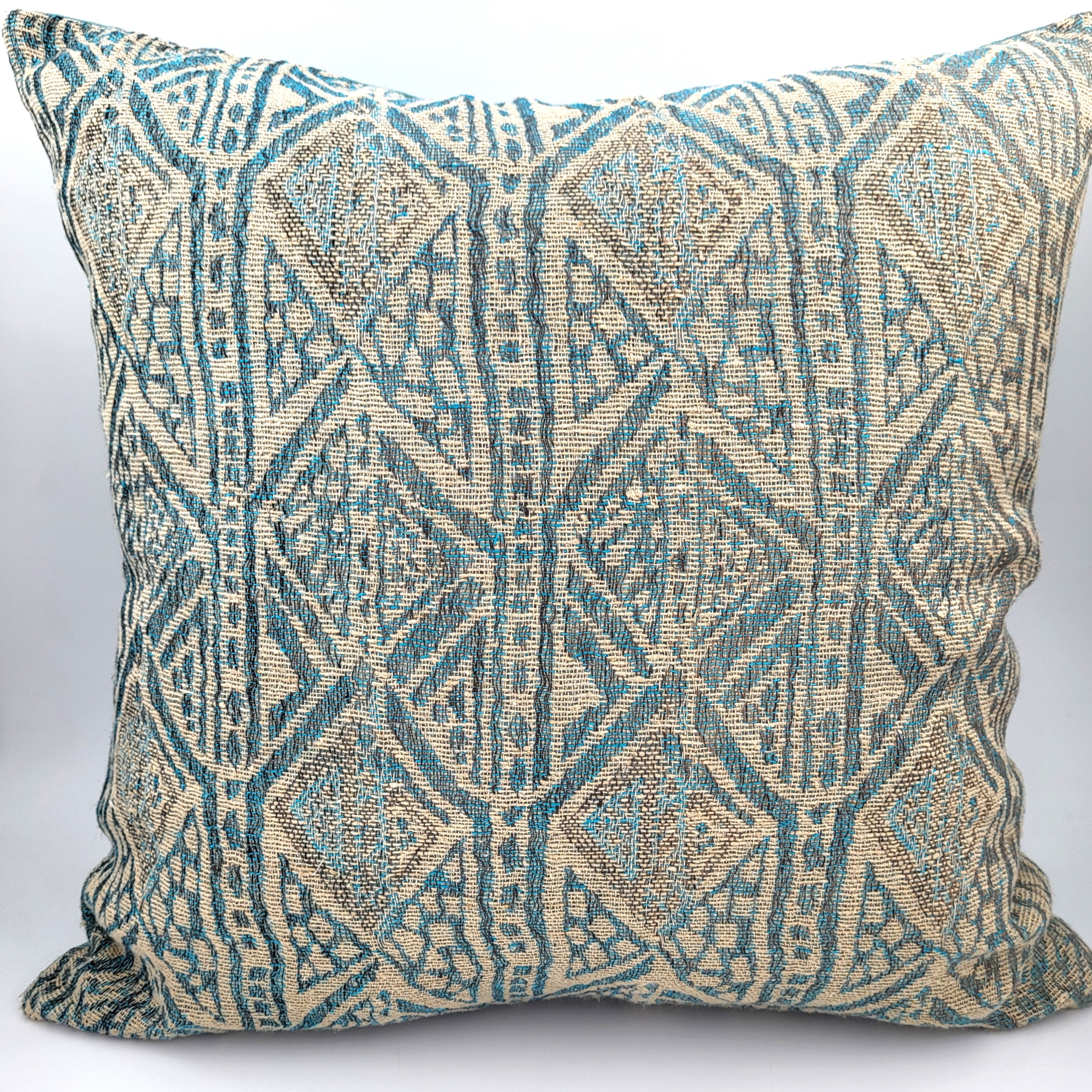 Handwoven cushion in sage and turquoise geometric pattern, linen and silk, 45 x 45 cm