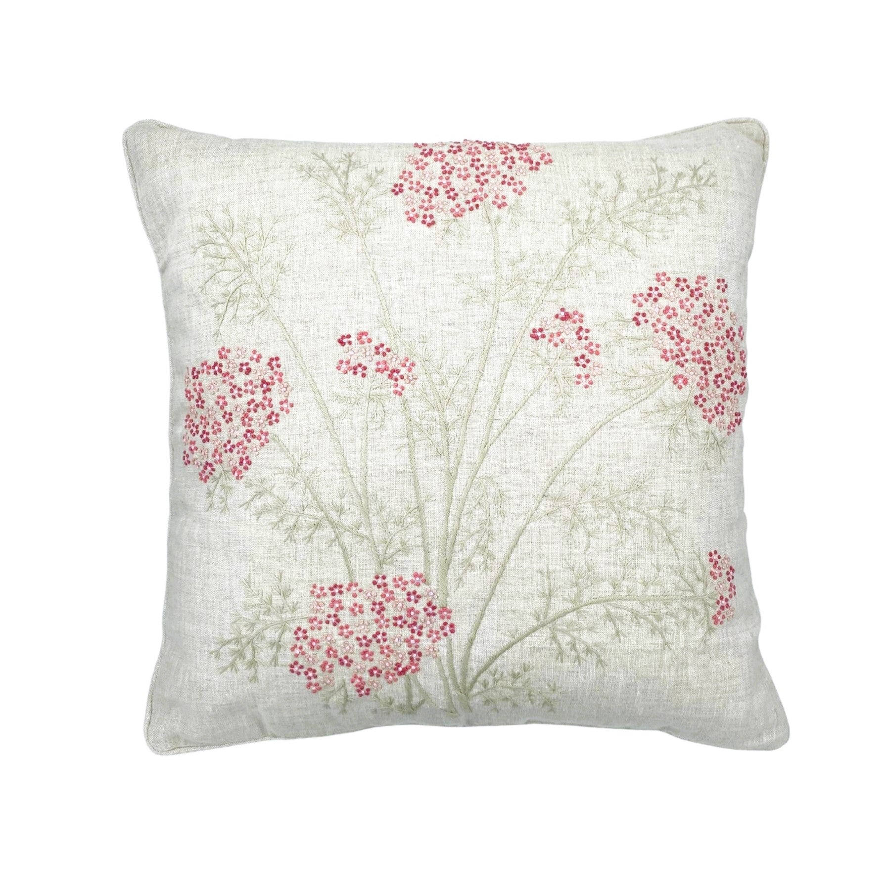 Linen cushion hand embroidered with cherry blossom, 45 x 45 cm