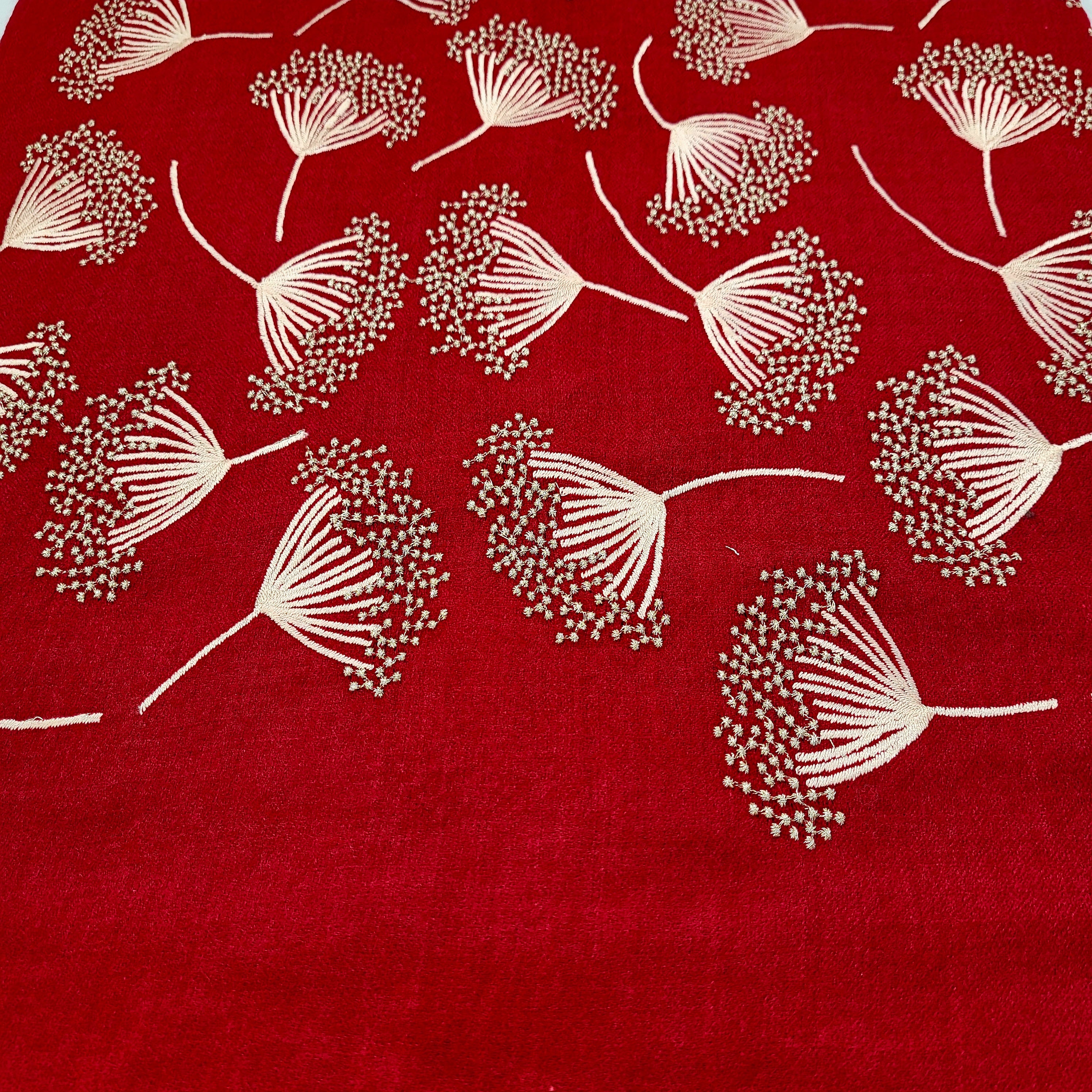 Dandelion embroidered pashmina in ruby, 75 x 210 cm, with all-over metallic thread motif