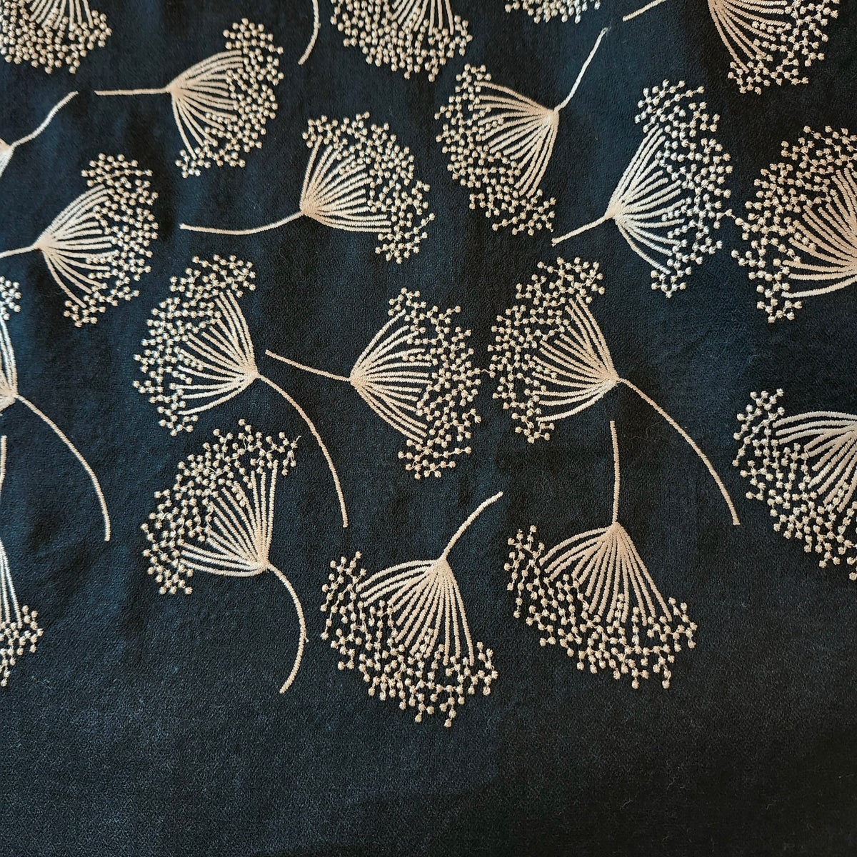 Black pashmina shawl embroidered all over with a dandelion motif in metallic thread, 75 by 210 cm approx