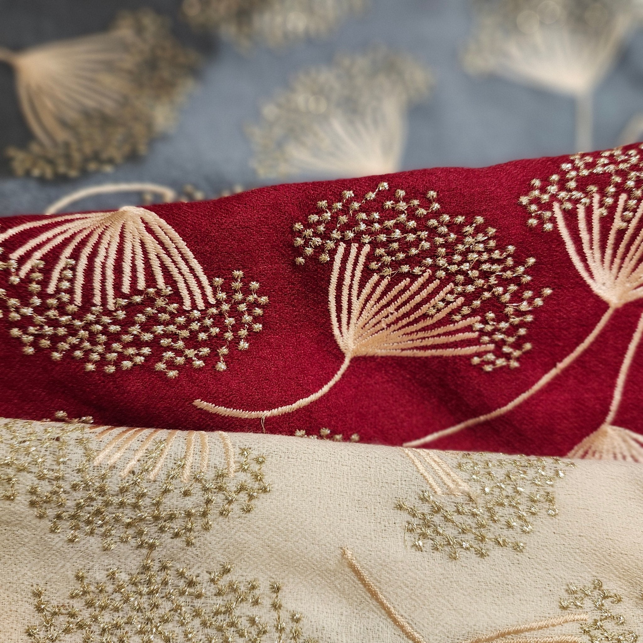 Dandelion embroidered pashmina group shot showing multiple colourways, 75 x 210 cm, 100% pure pashmina