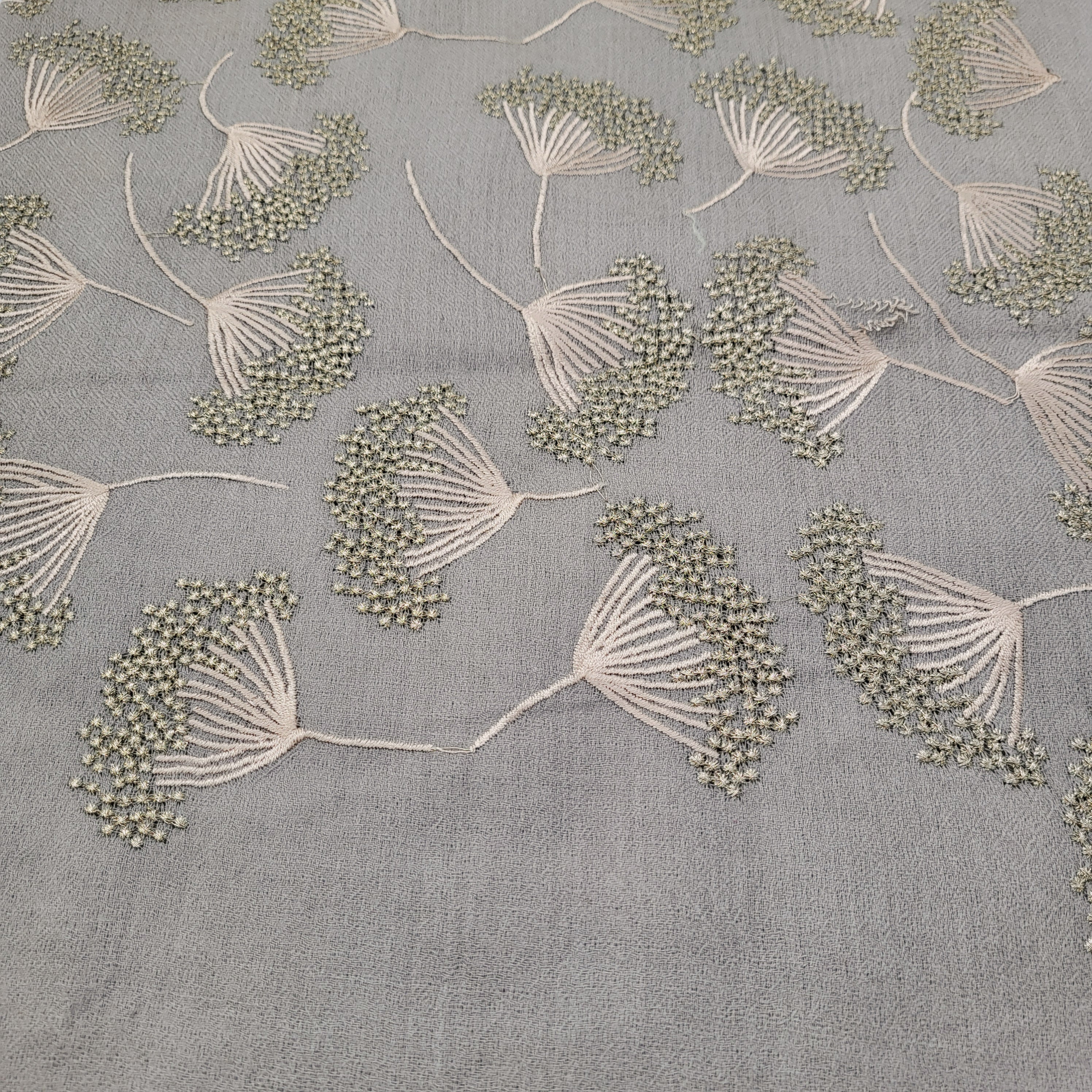 Dandelion embroidered pashmina in taupe, 75 x 210 cm, with all-over metallic thread motif