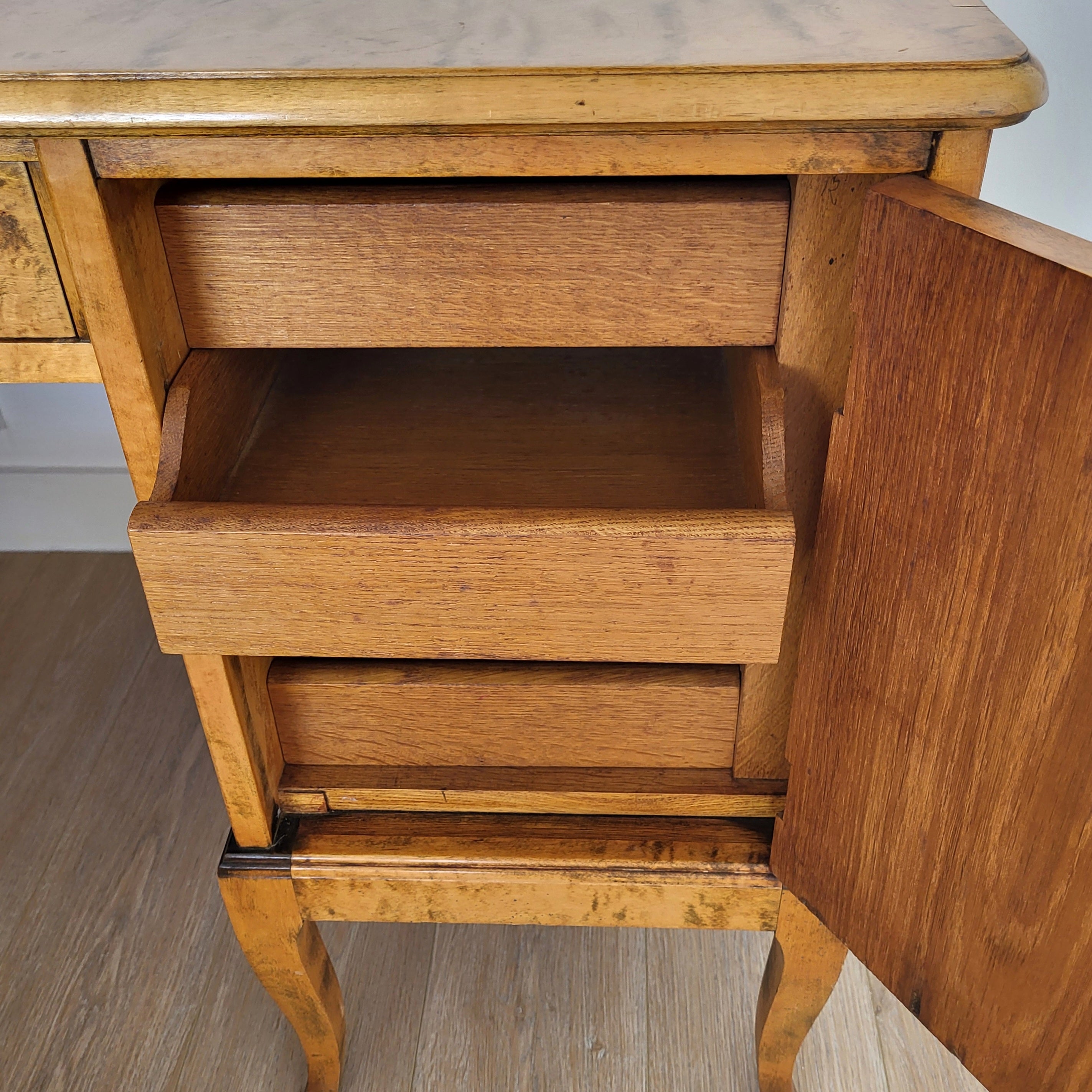 Antique oak Biedermeier desk with a satiny burl veneer