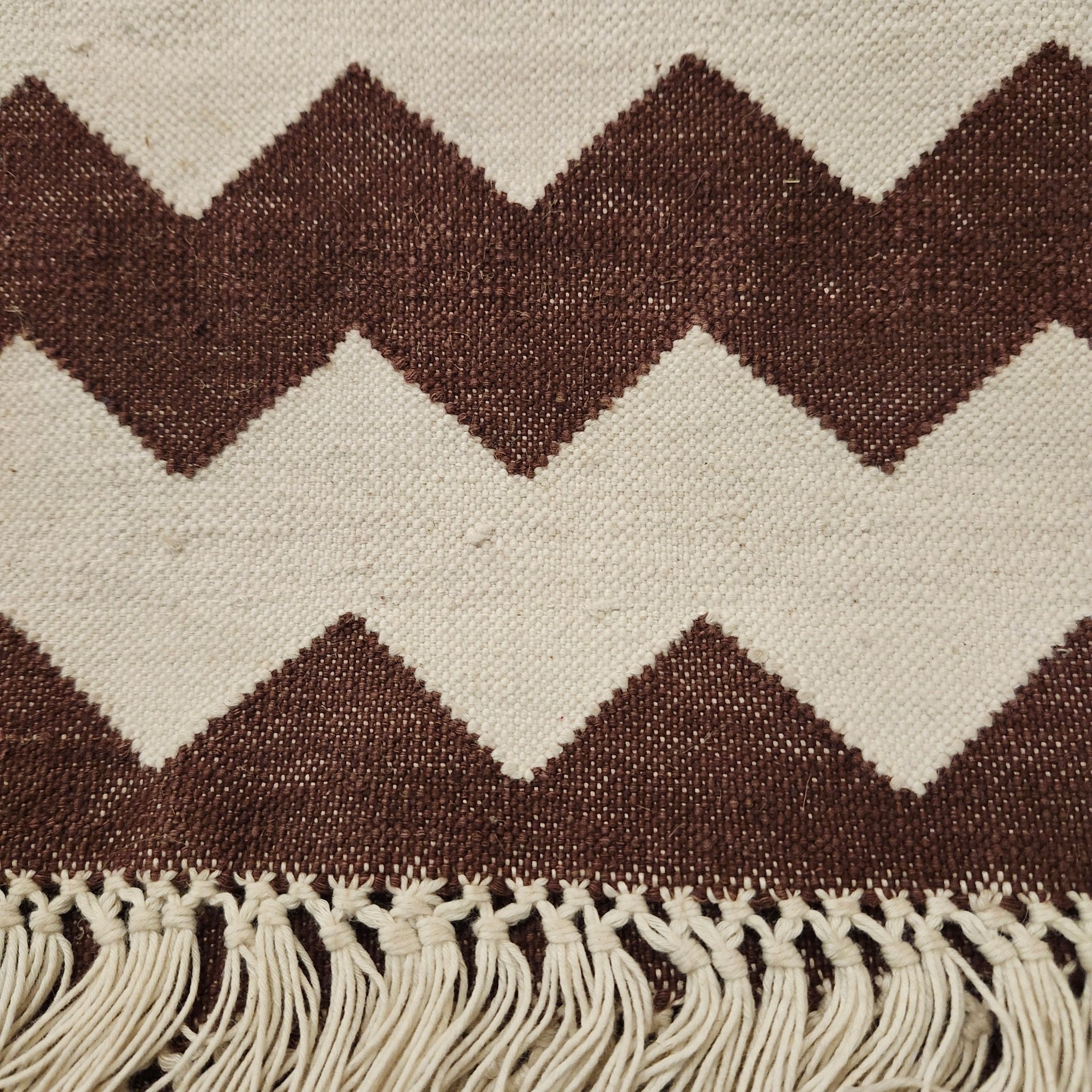 Brown and white zigzag cotton dhurry, flat-woven rug, 183 by 274 cm