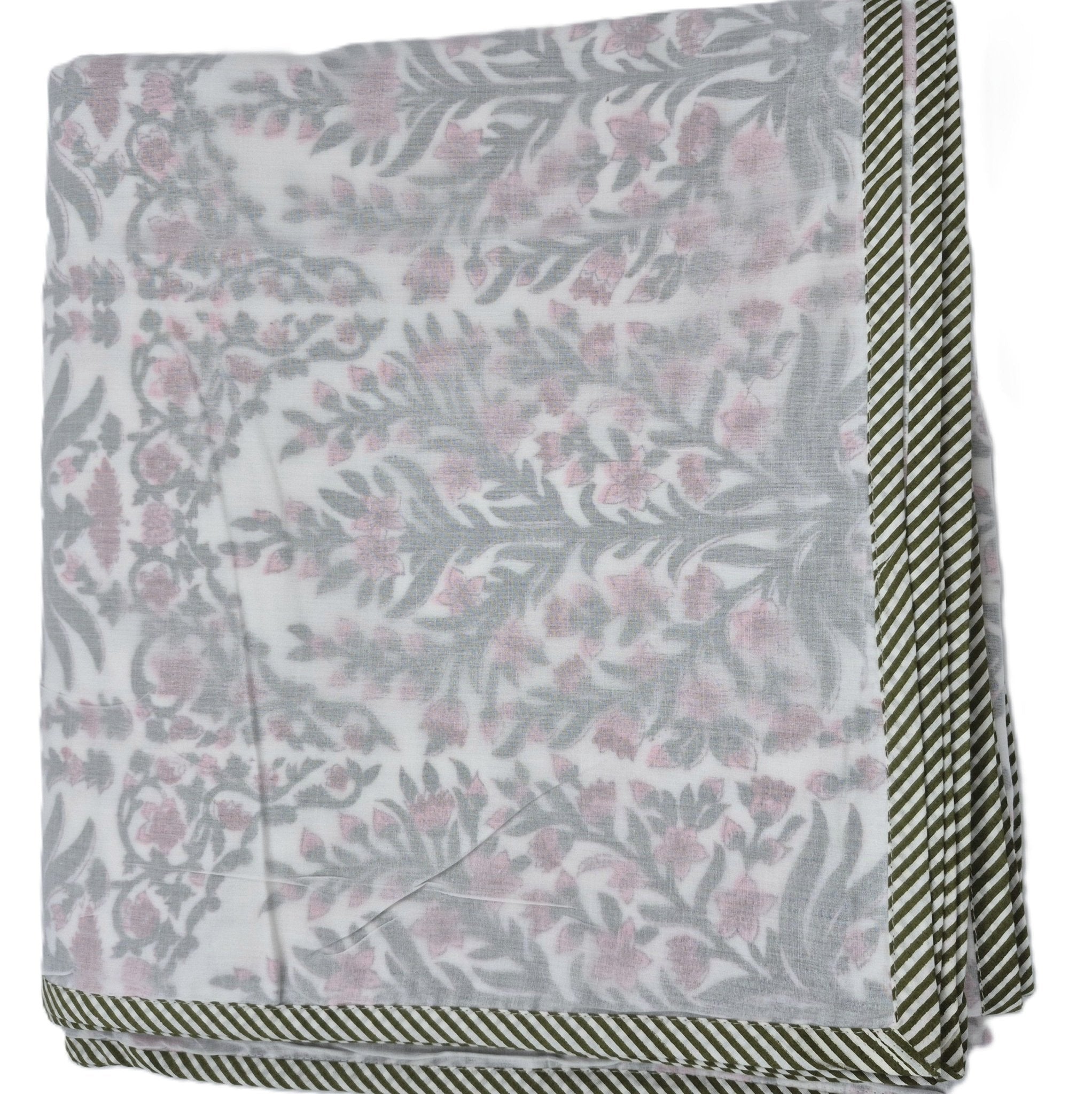 Queen block-print cotton dohar blanket with a pink floral print, 225 x 270 cm, machine washable