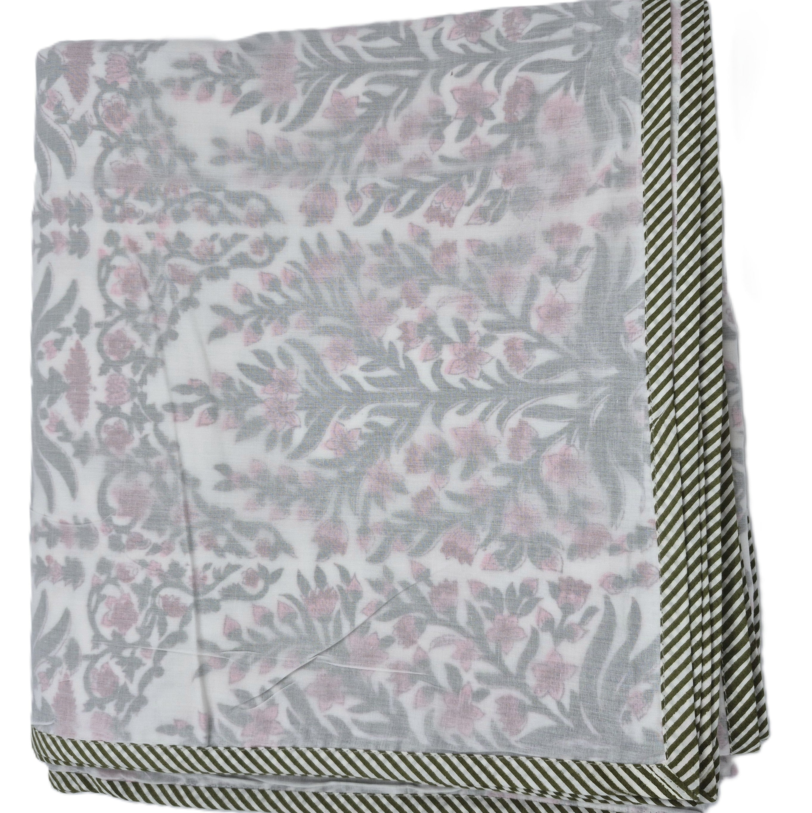 Queen block-print cotton dohar blanket with a pink floral print, 225 x 270 cm, machine washable