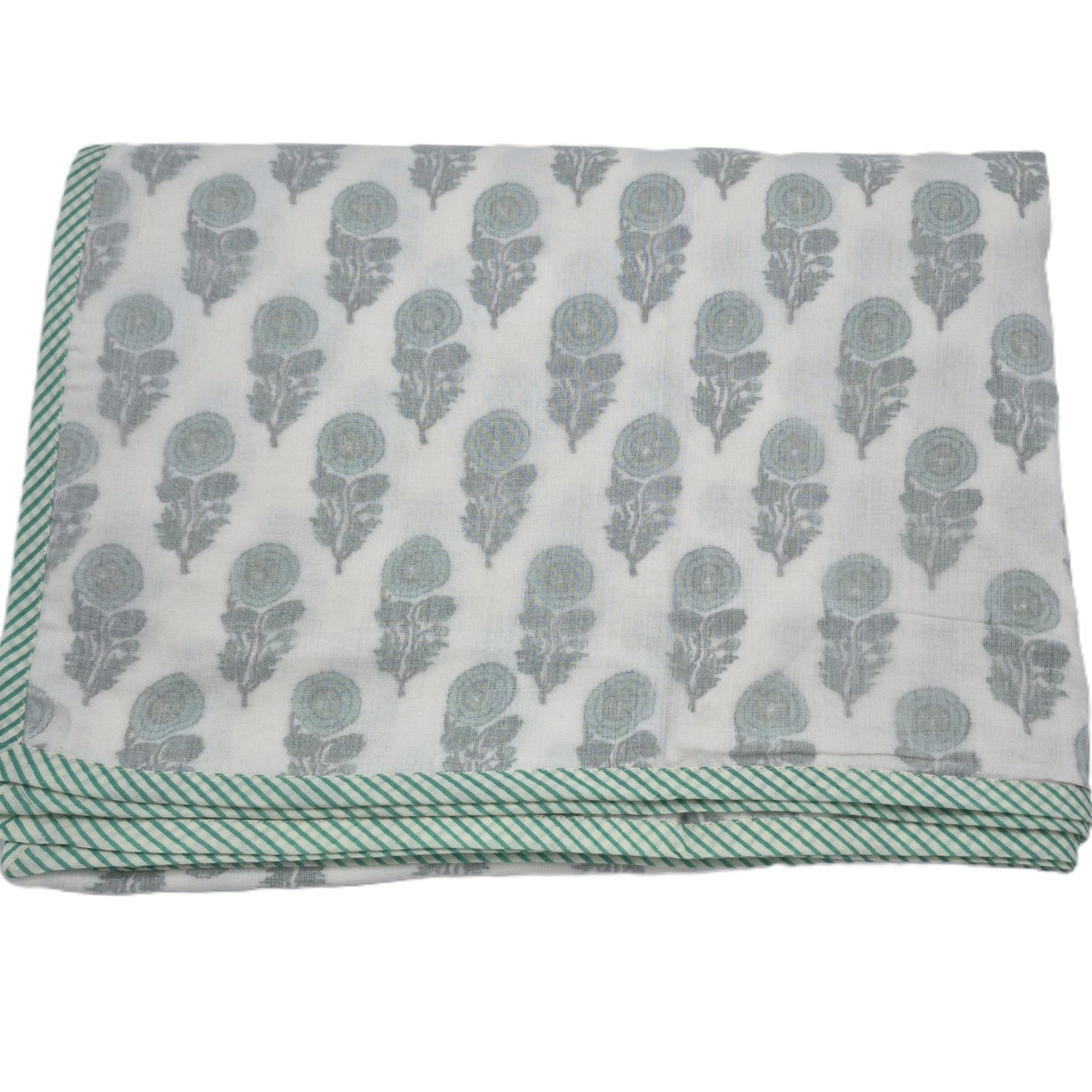 Single block-print cotton dohar blanket with a blue flower print, 150 x 225 cm, soft and machine washable