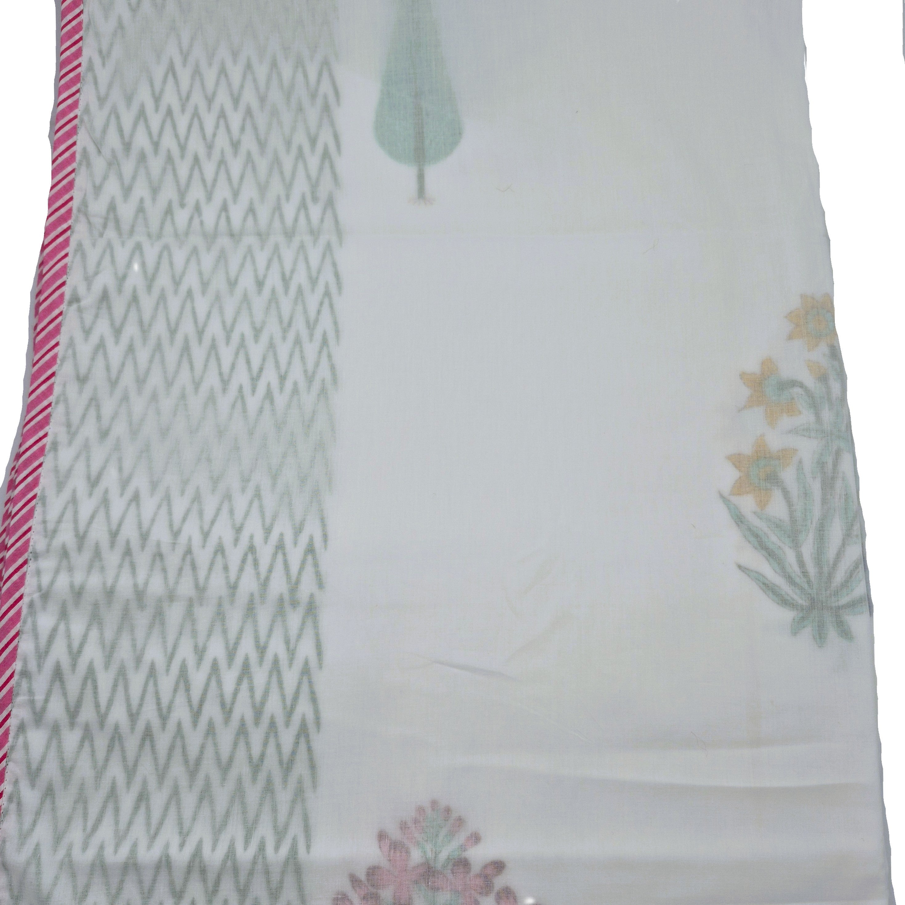 Single block-print cotton dohar blanket with cypress trees and flowers, 150 x 225 cm