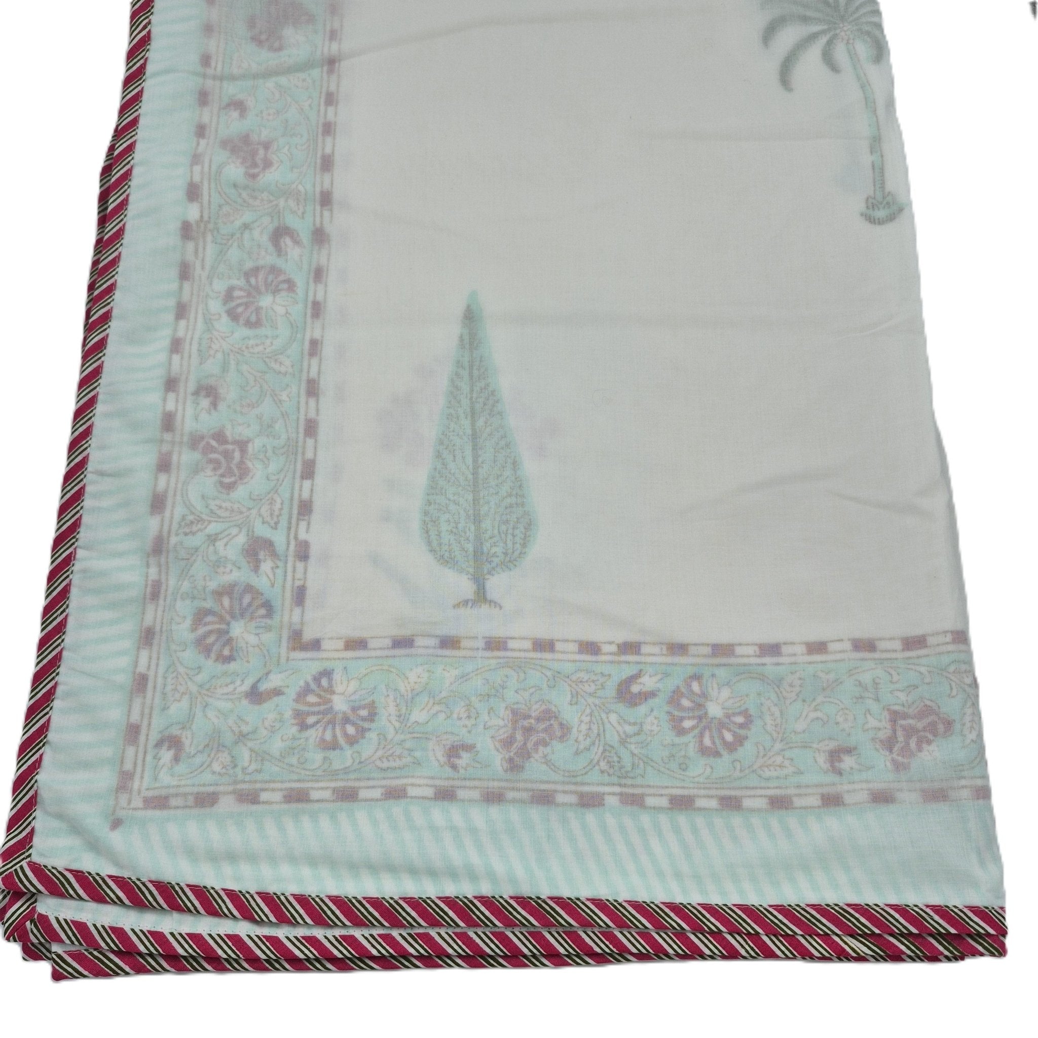 Single block-print cotton dohar blanket with cypress trees and palms, 150 x 225 cm, machine washable