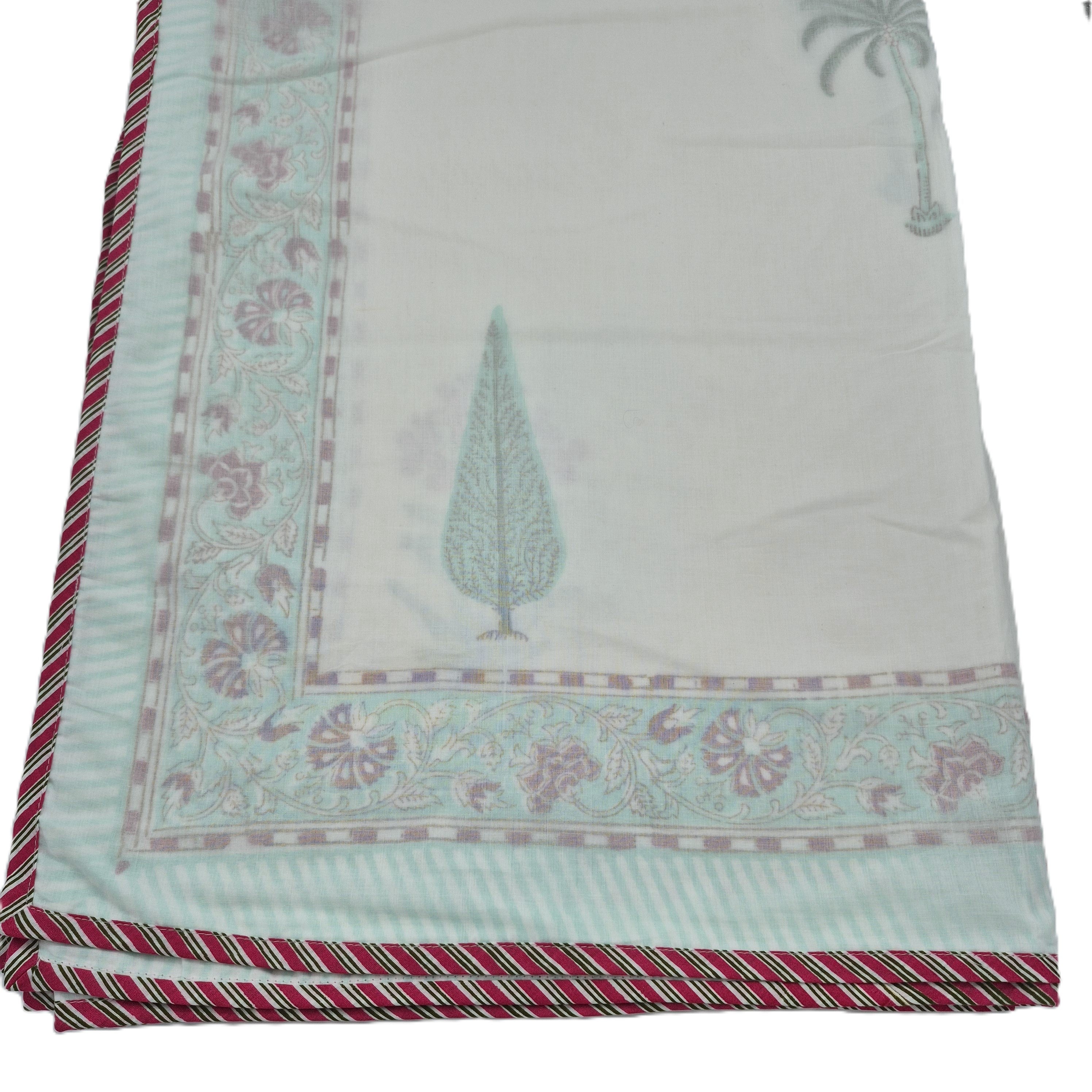 Single block-print cotton dohar blanket with cypress trees and palms, 150 x 225 cm, machine washable