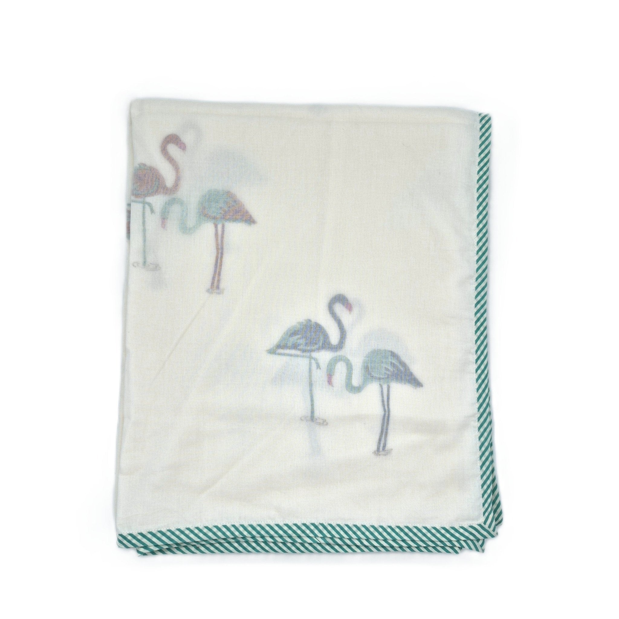 Toddler block-print cotton dohar blanket with a flamingo print, lightweight, soft and machine washable