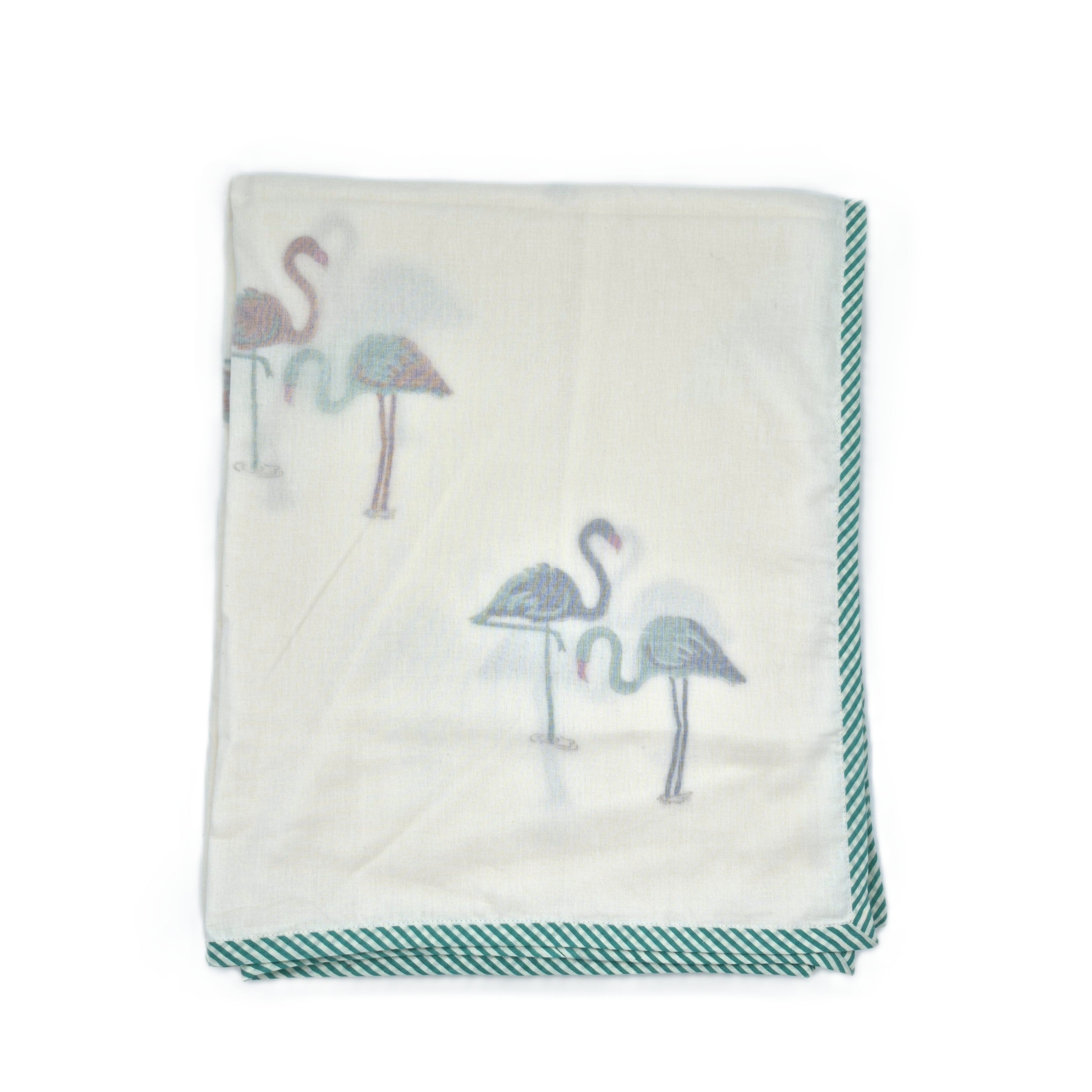 Toddler block-print cotton dohar blanket with a flamingo print, lightweight, soft and machine washable