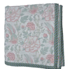 Queen block-print cotton dohar blanket with a wild rose print, 225 x 270 cm, lightweight voile layers