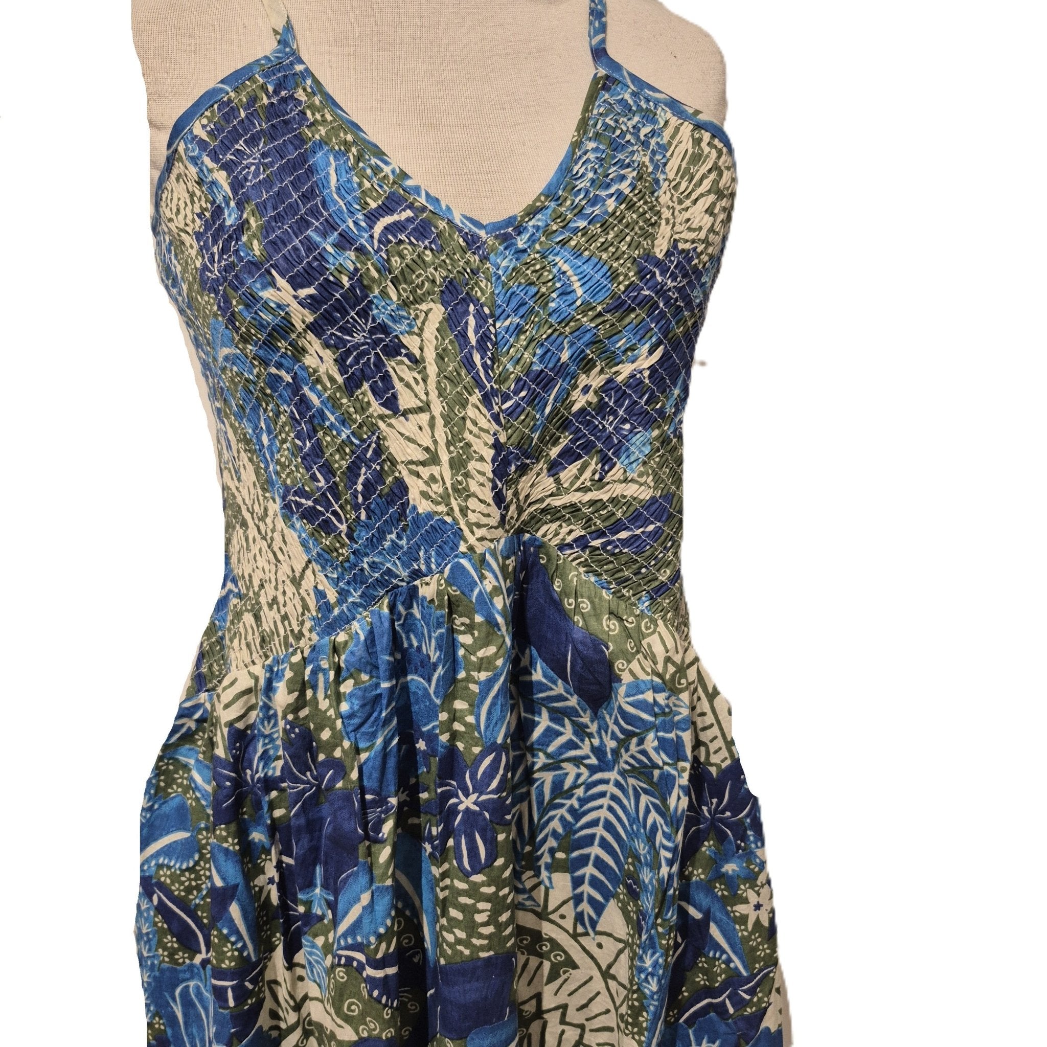 Block printed cotton sundress, elasticated bodice, calf-length skirt