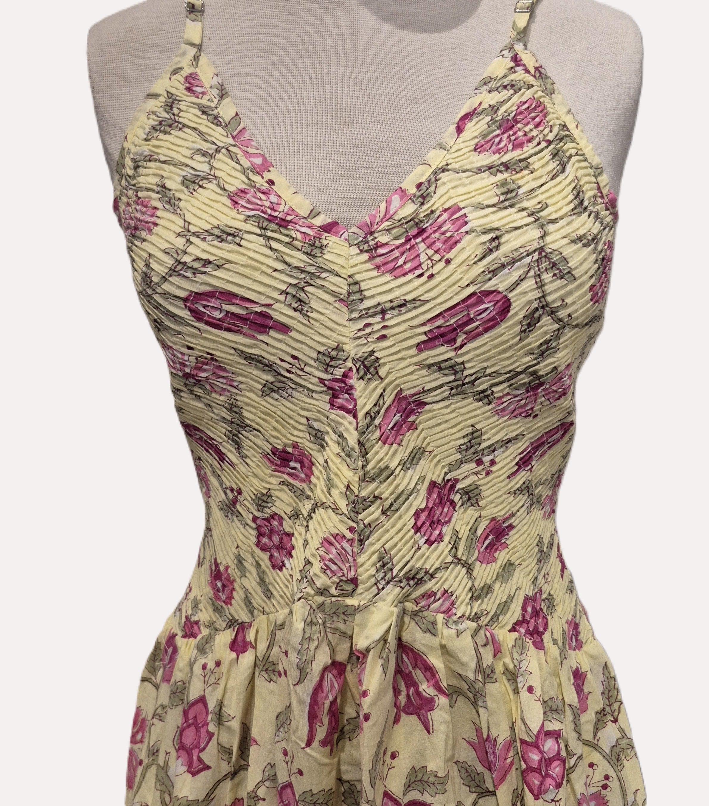 Block printed cotton sundress, elasticated bodice, floral print