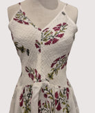 Block printed cotton sundress with elasticated V neck bodice, adjustable straps and calf length skirt, size S